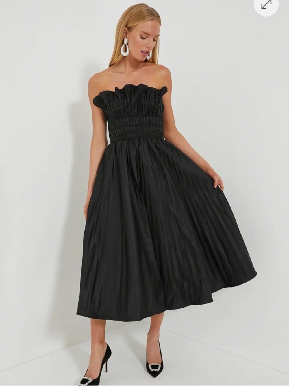 Moon River Strapless Black Midi Dress with Ruffled Neckline